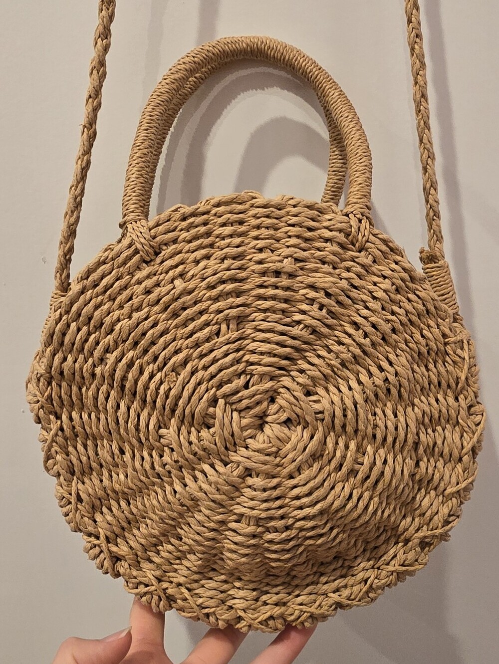 Woven Round Straw Crossbody Bag in Natural Tan
